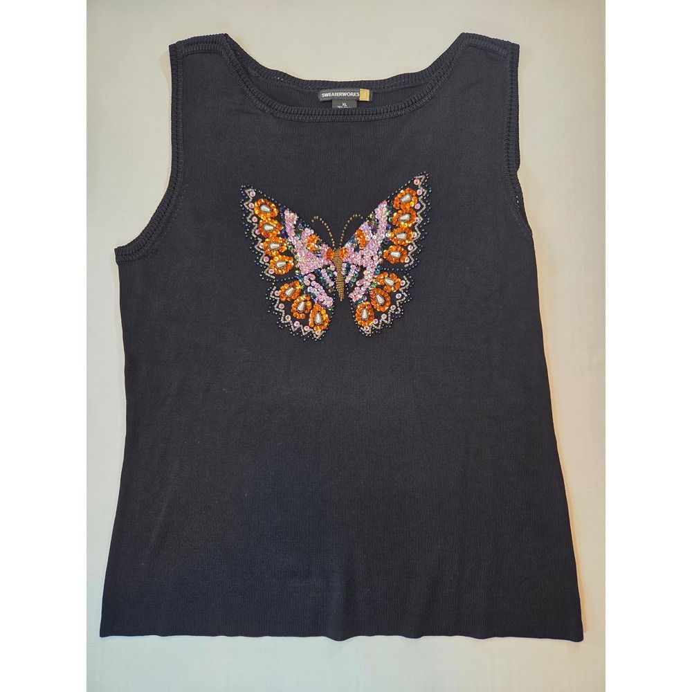 Sweaterworks Knit Tank Top Womens XL Black Beaded Butterfly Sequin